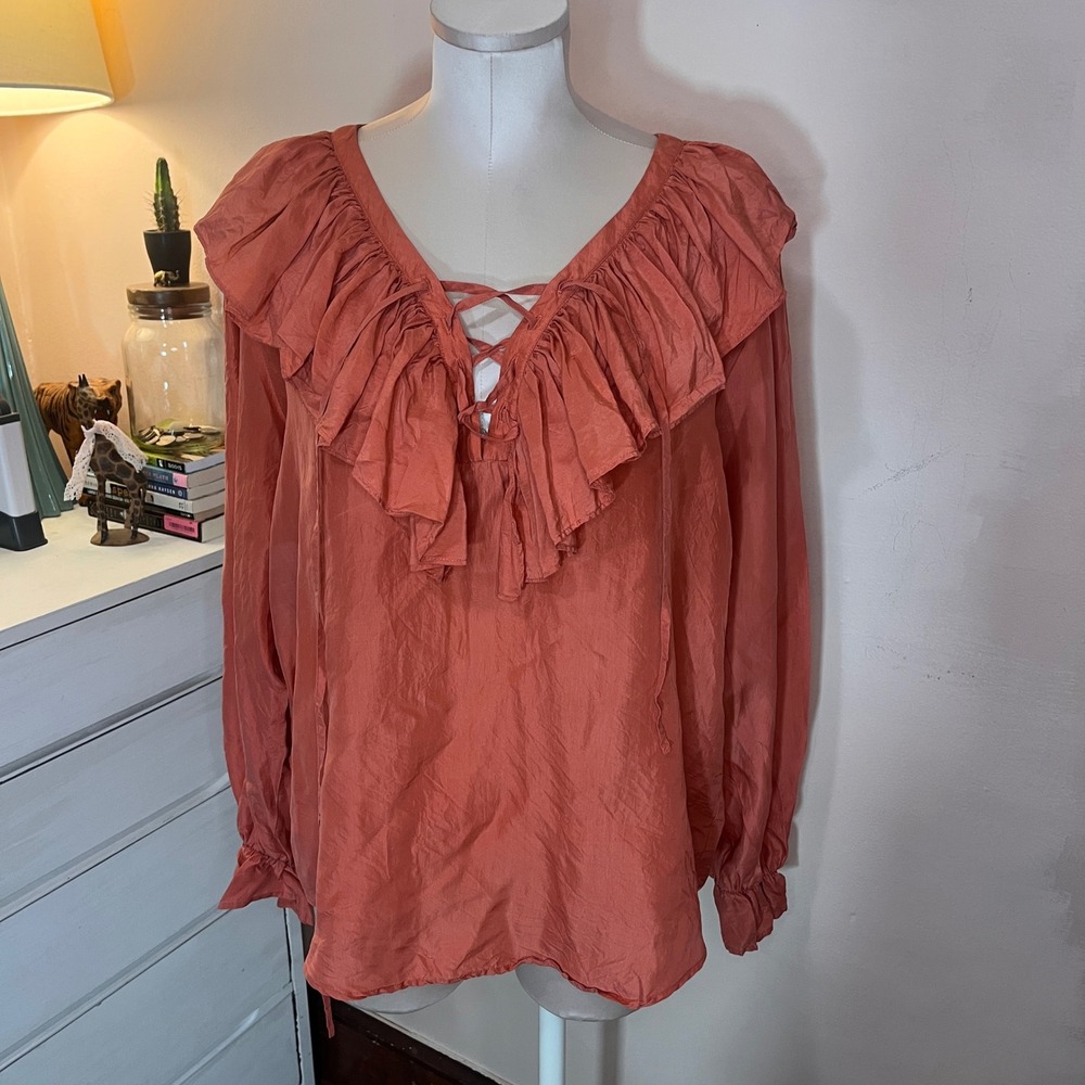 Vintage Womens Poet Edwardian Silk Ruffle Blouse Lace Up 90s Med Renaissance - Picture 8 of 13